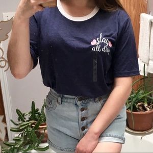 Slay All Day embroidered navy blue ringer tee